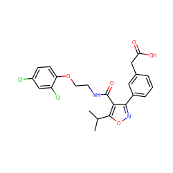 CC(C)c1onc(-c2cccc(CC(=O)O)c2)c1C(=O)NCCOc1ccc(Cl)cc1Cl ZINC000037866942