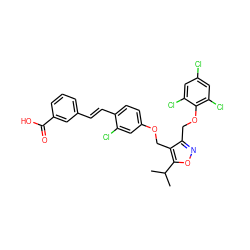 CC(C)c1onc(COc2c(Cl)cc(Cl)cc2Cl)c1COc1ccc(/C=C/c2cccc(C(=O)O)c2)c(Cl)c1 ZINC000044388363