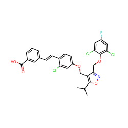 CC(C)c1onc(COc2c(Cl)cc(F)cc2Cl)c1COc1ccc(/C=C/c2cccc(C(=O)O)c2)c(Cl)c1 ZINC000044404378