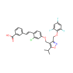 CC(C)c1onc(COc2c(F)cc(F)cc2F)c1COc1ccc(/C=C/c2cccc(C(=O)O)c2)c(Cl)c1 ZINC000044404382