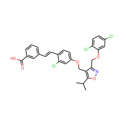 CC(C)c1onc(COc2cc(Cl)ccc2Cl)c1COc1ccc(/C=C/c2cccc(C(=O)O)c2)c(Cl)c1 ZINC000042889336