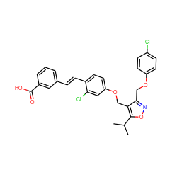 CC(C)c1onc(COc2ccc(Cl)cc2)c1COc1ccc(/C=C/c2cccc(C(=O)O)c2)c(Cl)c1 ZINC000044404499