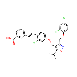 CC(C)c1onc(COc2ccc(Cl)cc2Cl)c1COc1ccc(/C=C/c2cccc(C(=O)O)c2)c(Cl)c1 ZINC000049881659