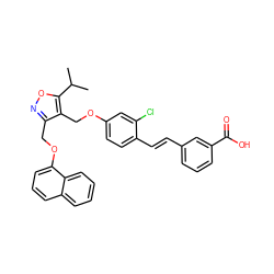 CC(C)c1onc(COc2cccc3ccccc23)c1COc1ccc(/C=C/c2cccc(C(=O)O)c2)c(Cl)c1 ZINC000044405523