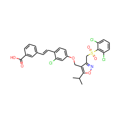 CC(C)c1onc(CS(=O)(=O)c2c(Cl)cccc2Cl)c1COc1ccc(/C=C/c2cccc(C(=O)O)c2)c(Cl)c1 ZINC000042835883