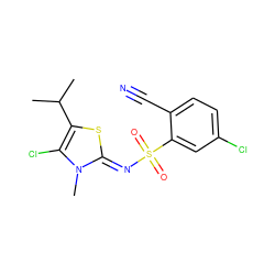 CC(C)c1s/c(=N\S(=O)(=O)c2cc(Cl)ccc2C#N)n(C)c1Cl ZINC000014944773