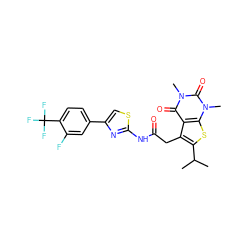 CC(C)c1sc2c(c1CC(=O)Nc1nc(-c3ccc(C(F)(F)F)c(F)c3)cs1)c(=O)n(C)c(=O)n2C ZINC000139407891