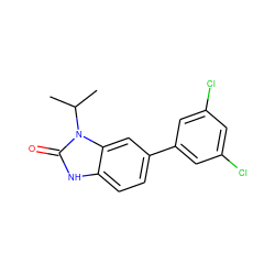 CC(C)n1c(=O)[nH]c2ccc(-c3cc(Cl)cc(Cl)c3)cc21 ZINC000028461697