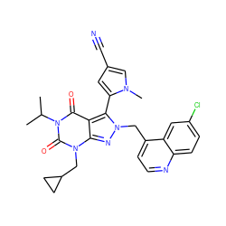 CC(C)n1c(=O)c2c(-c3cc(C#N)cn3C)n(Cc3ccnc4ccc(Cl)cc34)nc2n(CC2CC2)c1=O ZINC000084741578