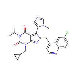 CC(C)n1c(=O)c2c(-c3cncn3C)n(Cc3ccnc4ccc(Cl)cc34)nc2n(CC2CC2)c1=O ZINC000084704977