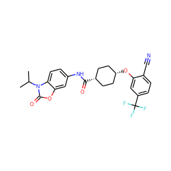 CC(C)n1c(=O)oc2cc(NC(=O)[C@H]3CC[C@@H](Oc4cc(C(F)(F)F)ccc4C#N)CC3)ccc21 ZINC000261192331