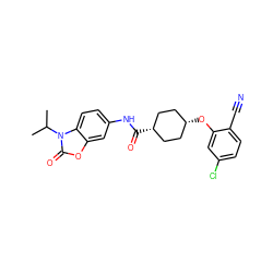 CC(C)n1c(=O)oc2cc(NC(=O)[C@H]3CC[C@@H](Oc4cc(Cl)ccc4C#N)CC3)ccc21 ZINC000261095477