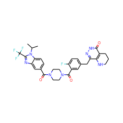 CC(C)n1c(C(F)(F)F)nc2cc(C(=O)N3CCN(C(=O)c4cc(Cc5n[nH]c(=O)c6c5NCCC6)ccc4F)CC3)ccc21 ZINC000147353494