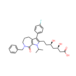 CC(C)n1c(CC[C@@H](O)C[C@@H](O)CC(=O)O)c(-c2ccc(F)cc2)c2c1C(=O)N(Cc1ccccc1)CCC2 ZINC000028707185