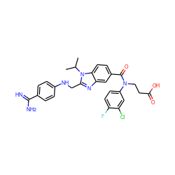 CC(C)n1c(CNc2ccc(C(=N)N)cc2)nc2cc(C(=O)N(CCC(=O)O)c3ccc(F)c(Cl)c3)ccc21 ZINC000653785009