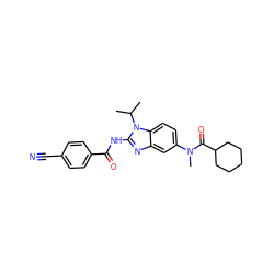 CC(C)n1c(NC(=O)c2ccc(C#N)cc2)nc2cc(N(C)C(=O)C3CCCCC3)ccc21 ZINC000040939020