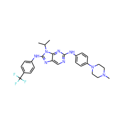 CC(C)n1c(Nc2ccc(C(F)(F)F)cc2)nc2cnc(Nc3ccc(N4CCN(C)CC4)cc3)nc21 ZINC000198994145