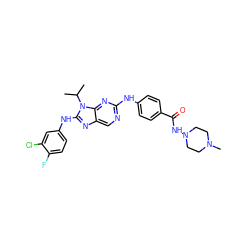 CC(C)n1c(Nc2ccc(F)c(Cl)c2)nc2cnc(Nc3ccc(C(=O)NN4CCN(C)CC4)cc3)nc21 ZINC000198978825