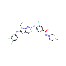 CC(C)n1c(Nc2ccc(F)c(Cl)c2)nc2cnc(Nc3ccc(C(=O)NN4CCN(C)CC4)cc3F)nc21 ZINC000198982335