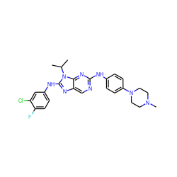 CC(C)n1c(Nc2ccc(F)c(Cl)c2)nc2cnc(Nc3ccc(N4CCN(C)CC4)cc3)nc21 ZINC000198985093