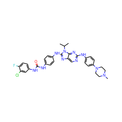 CC(C)n1c(Nc2ccc(NC(=O)Nc3ccc(F)c(Cl)c3)cc2)nc2cnc(Nc3ccc(N4CCN(C)CC4)cc3)nc21 ZINC000142239105