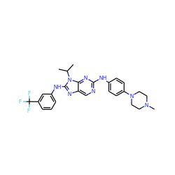 CC(C)n1c(Nc2cccc(C(F)(F)F)c2)nc2cnc(Nc3ccc(N4CCN(C)CC4)cc3)nc21 ZINC000198988228