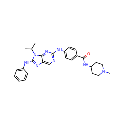 CC(C)n1c(Nc2ccccc2)nc2cnc(Nc3ccc(C(=O)NC4CCN(C)CC4)cc3)nc21 ZINC000198985035