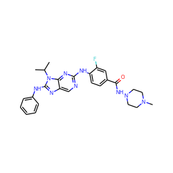 CC(C)n1c(Nc2ccccc2)nc2cnc(Nc3ccc(C(=O)NN4CCN(C)CC4)cc3F)nc21 ZINC000142240579