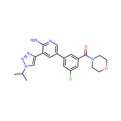 CC(C)n1cc(-c2cc(-c3cc(Cl)cc(C(=O)N4CCOCC4)c3)cnc2N)nn1 ZINC000142630181