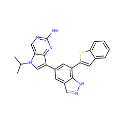 CC(C)n1cc(-c2cc(-c3cc4ccccc4s3)c3[nH]ncc3c2)c2nc(N)ncc21 ZINC000045349698