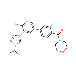 CC(C)n1cc(-c2cc(-c3ccc(C(=O)N4CCOCC4)c(F)c3)cnc2N)nn1 ZINC000142744105