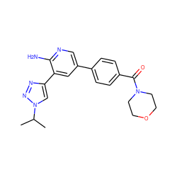 CC(C)n1cc(-c2cc(-c3ccc(C(=O)N4CCOCC4)cc3)cnc2N)nn1 ZINC000143857957