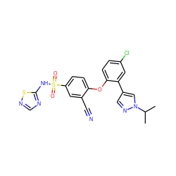 CC(C)n1cc(-c2cc(Cl)ccc2Oc2ccc(S(=O)(=O)Nc3ncns3)cc2C#N)cn1 ZINC000095585435