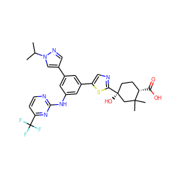 CC(C)n1cc(-c2cc(Nc3nccc(C(F)(F)F)n3)cc(-c3cnc([C@@]4(O)CC[C@H](C(=O)O)C(C)(C)C4)s3)c2)cn1 ZINC000221398931