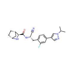 CC(C)n1cc(-c2ccc(C[C@@H](C#N)NC(=O)[C@H]3N[C@@H]4CC[C@H]3C4)c(F)c2)cn1 ZINC000219296226