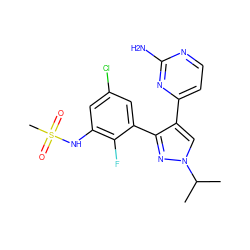 CC(C)n1cc(-c2ccnc(N)n2)c(-c2cc(Cl)cc(NS(C)(=O)=O)c2F)n1 ZINC000147887183