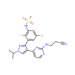 CC(C)n1cc(-c2ccnc(NCCC#N)n2)c(-c2cc(Cl)cc(NS(C)(=O)=O)c2F)n1 ZINC000149855254