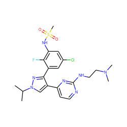 CC(C)n1cc(-c2ccnc(NCCN(C)C)n2)c(-c2cc(Cl)cc(NS(C)(=O)=O)c2F)n1 ZINC000168599546