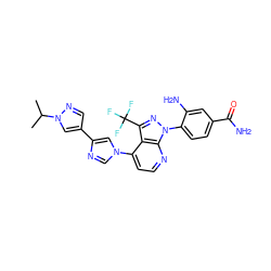 CC(C)n1cc(-c2cn(-c3ccnc4c3c(C(F)(F)F)nn4-c3ccc(C(N)=O)cc3N)cn2)cn1 ZINC000169703588