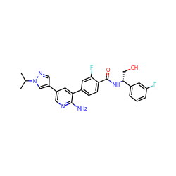 CC(C)n1cc(-c2cnc(N)c(-c3ccc(C(=O)N[C@H](CO)c4cccc(F)c4)c(F)c3)c2)cn1 ZINC001772627675