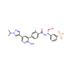 CC(C)n1cc(-c2cnc(N)c(-c3ccc(C(=O)N[C@H](CO)c4cccc(S(C)(=O)=O)c4)c(F)c3)c2)cn1 ZINC001772625090