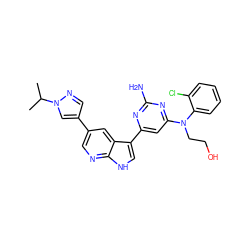 CC(C)n1cc(-c2cnc3[nH]cc(-c4cc(N(CCO)c5ccccc5Cl)nc(N)n4)c3c2)cn1 ZINC000169700754