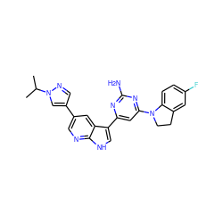 CC(C)n1cc(-c2cnc3[nH]cc(-c4cc(N5CCc6cc(F)ccc65)nc(N)n4)c3c2)cn1 ZINC000169700757