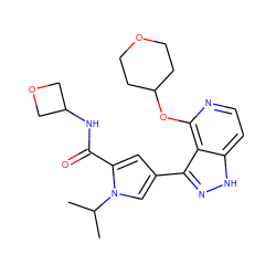 CC(C)n1cc(-c2n[nH]c3ccnc(OC4CCOCC4)c23)cc1C(=O)NC1COC1 ZINC000114772846