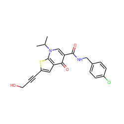 CC(C)n1cc(C(=O)NCc2ccc(Cl)cc2)c(=O)c2cc(C#CCO)sc21 ZINC000013672760