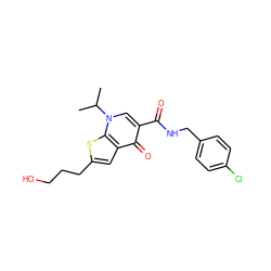 CC(C)n1cc(C(=O)NCc2ccc(Cl)cc2)c(=O)c2cc(CCCO)sc21 ZINC000013672764