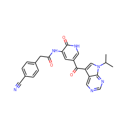 CC(C)n1cc(C(=O)c2c[nH]c(=O)c(NC(=O)Cc3ccc(C#N)cc3)c2)c2cncnc21 ZINC000261093733