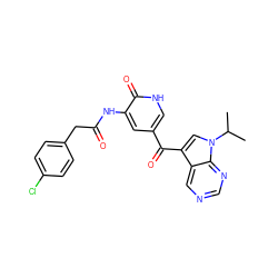 CC(C)n1cc(C(=O)c2c[nH]c(=O)c(NC(=O)Cc3ccc(Cl)cc3)c2)c2cncnc21 ZINC000261157492