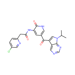 CC(C)n1cc(C(=O)c2c[nH]c(=O)c(NC(=O)Cc3ccc(Cl)cn3)c2)c2cncnc21 ZINC000261079656