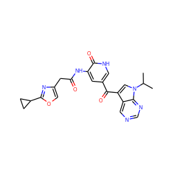 CC(C)n1cc(C(=O)c2c[nH]c(=O)c(NC(=O)Cc3coc(C4CC4)n3)c2)c2cncnc21 ZINC000261187258